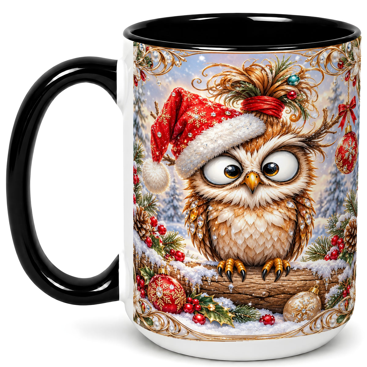 #pl[15oz|Black] Christmas Owl Coffee Mug, Santa Hat Owl Mug, Ceramic Cup