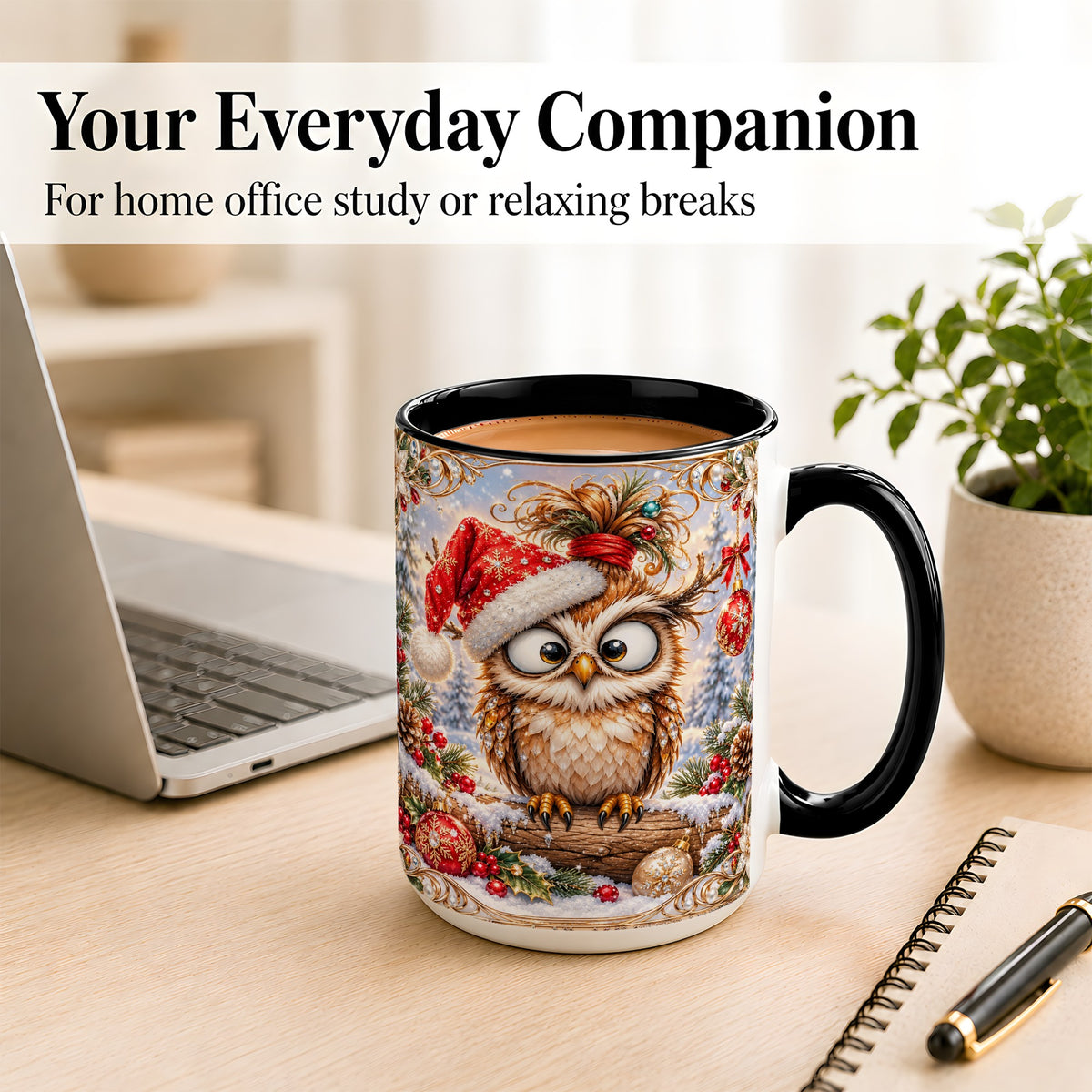 #pl[15oz|Black] Christmas Owl Coffee Mug, Santa Hat Owl Mug, Ceramic Cup
