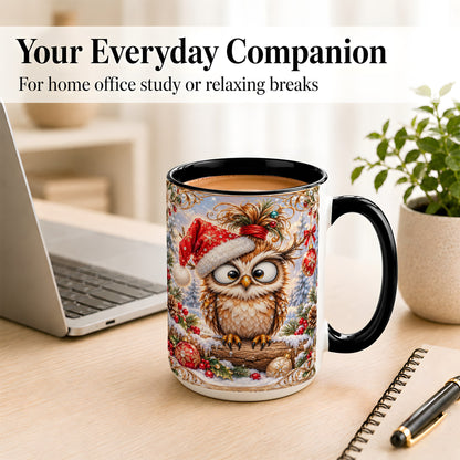 #pl[15oz|Black] Christmas Owl Coffee Mug, Santa Hat Owl Mug, Ceramic Cup