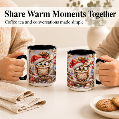 #pl[15oz|Black] Christmas Owl Coffee Mug, Santa Hat Owl Mug, Ceramic Cup