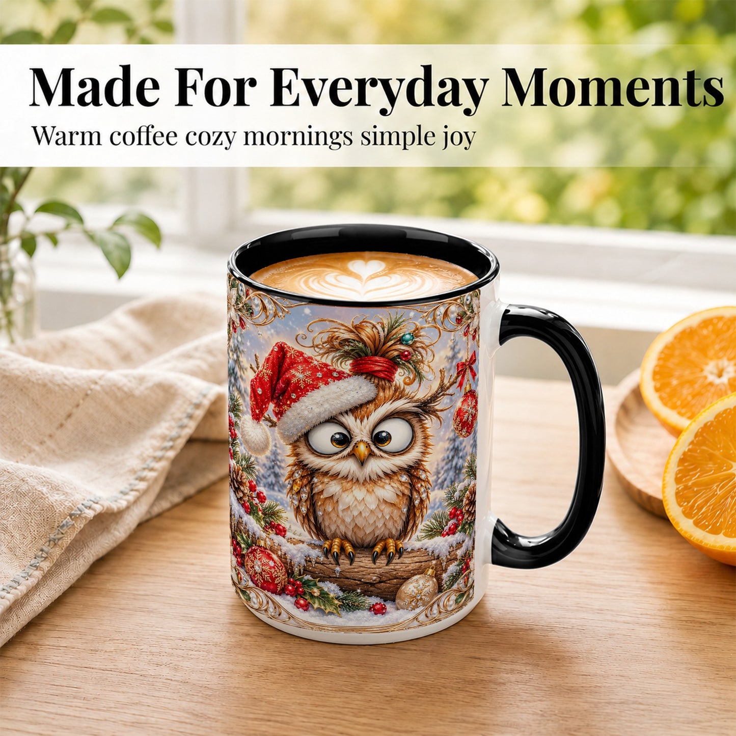 #pl[15oz|Black] Christmas Owl Coffee Mug, Santa Hat Owl Mug, Ceramic Cup