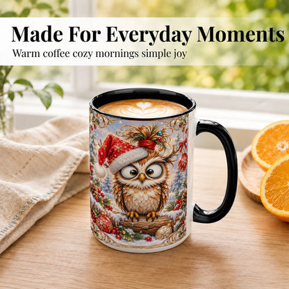 #pl[15oz|Black] Christmas Owl Coffee Mug, Santa Hat Owl Mug, Ceramic Cup