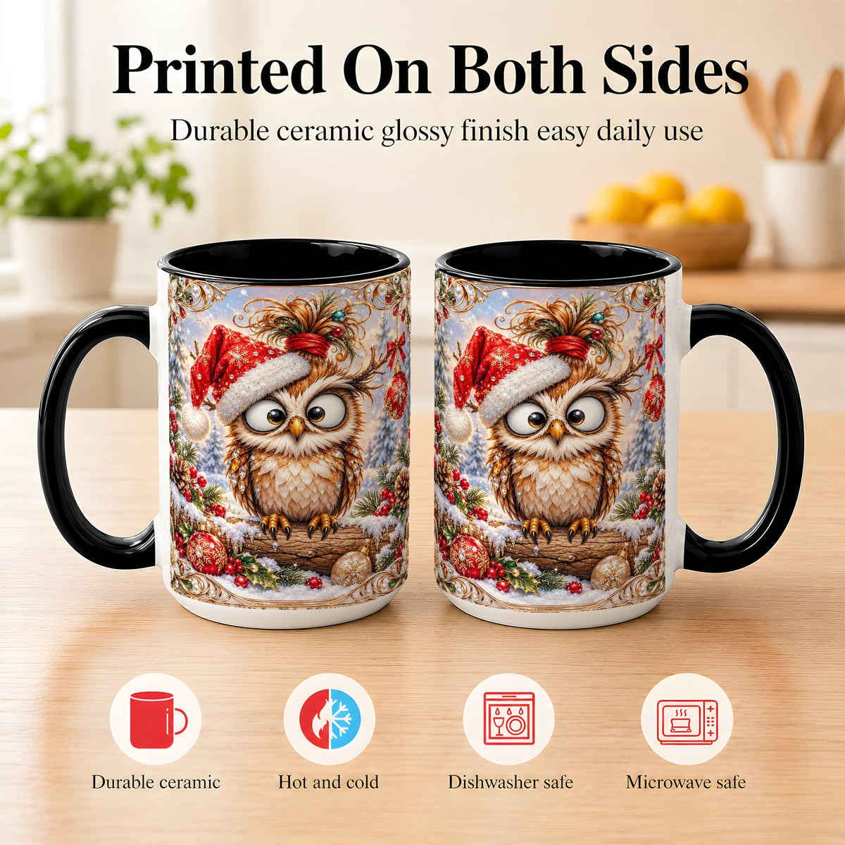 #pl[15oz|Black] Christmas Owl Coffee Mug, Santa Hat Owl Mug, Ceramic Cup