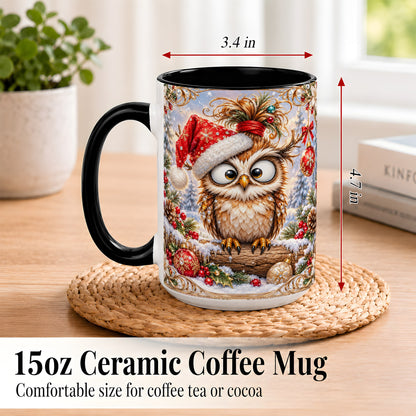 #pl[15oz|Black] Christmas Owl Coffee Mug, Santa Hat Owl Mug, Ceramic Cup