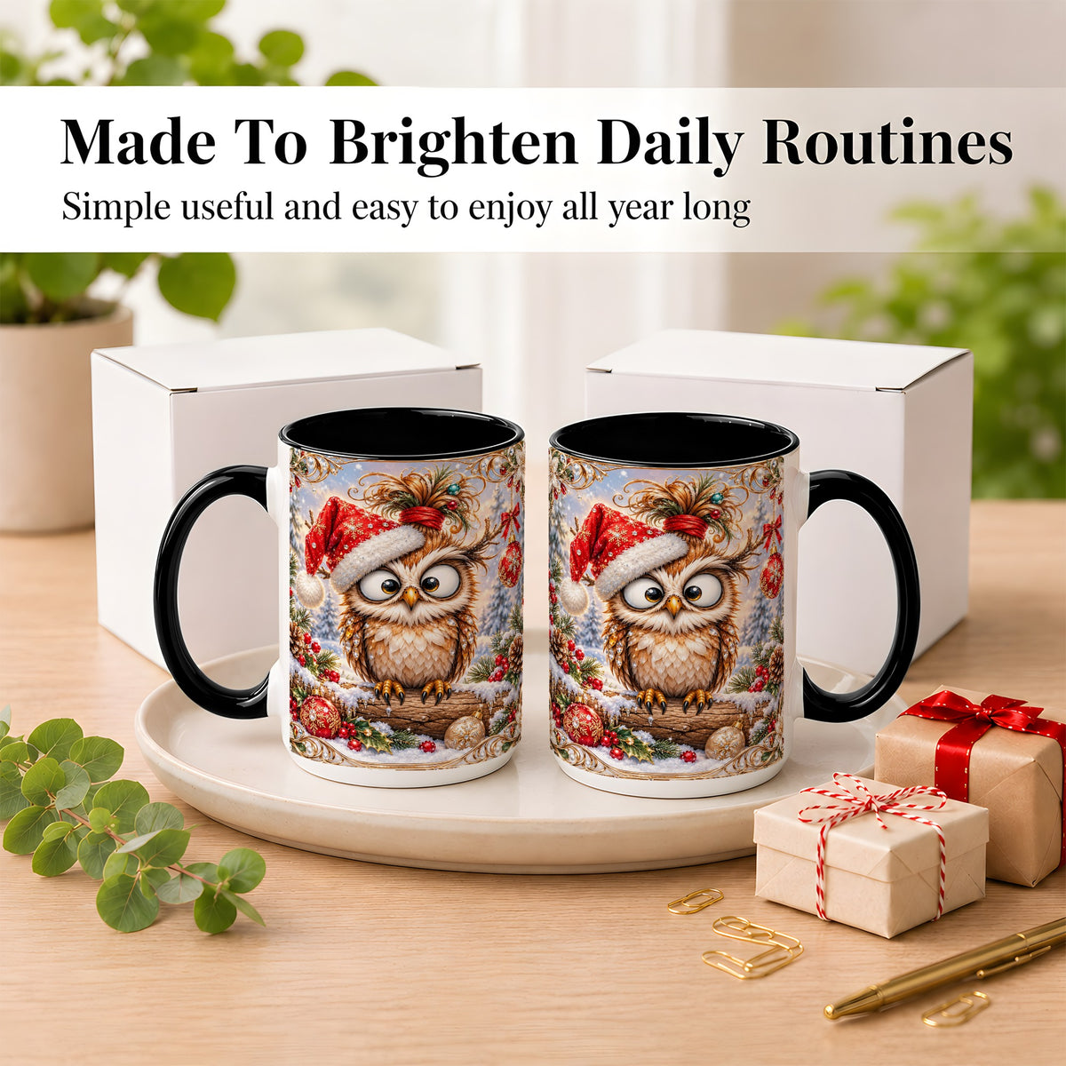 #pl[15oz|Black] Christmas Owl Coffee Mug, Santa Hat Owl Mug, Ceramic Cup