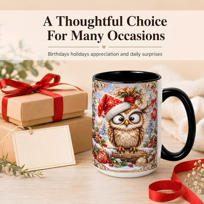 #pl[15oz|Black] Christmas Owl Coffee Mug, Santa Hat Owl Mug, Ceramic Cup