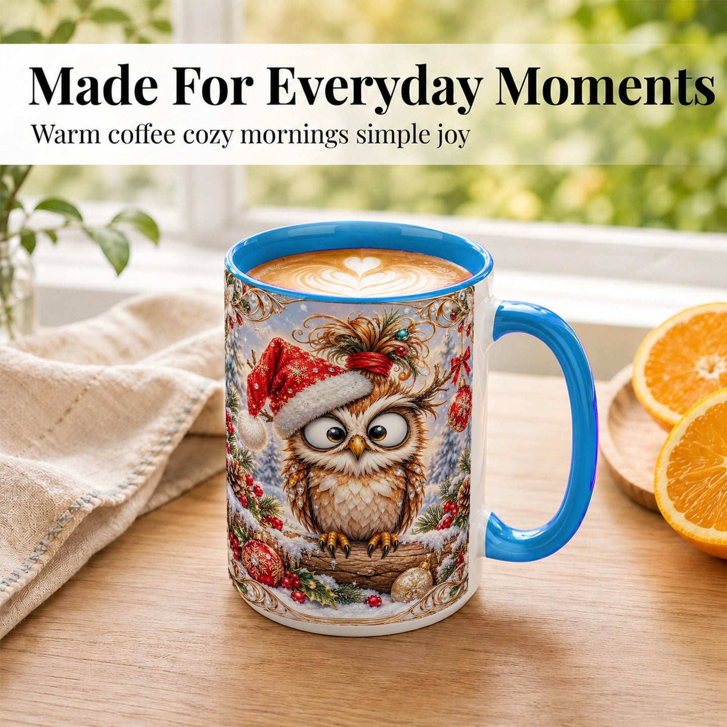 #pl[15oz|Blue] Christmas Owl Coffee Mug, Santa Hat Owl Mug, Ceramic Cup