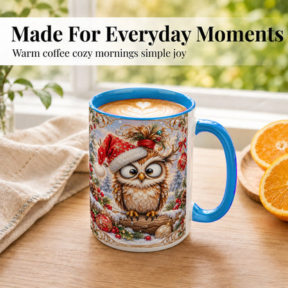 #pl[15oz|Blue] Christmas Owl Coffee Mug, Santa Hat Owl Mug, Ceramic Cup