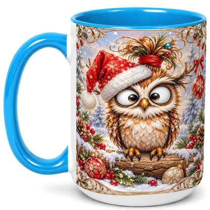#pl[15oz|Blue] Christmas Owl Coffee Mug, Santa Hat Owl Mug, Ceramic Cup