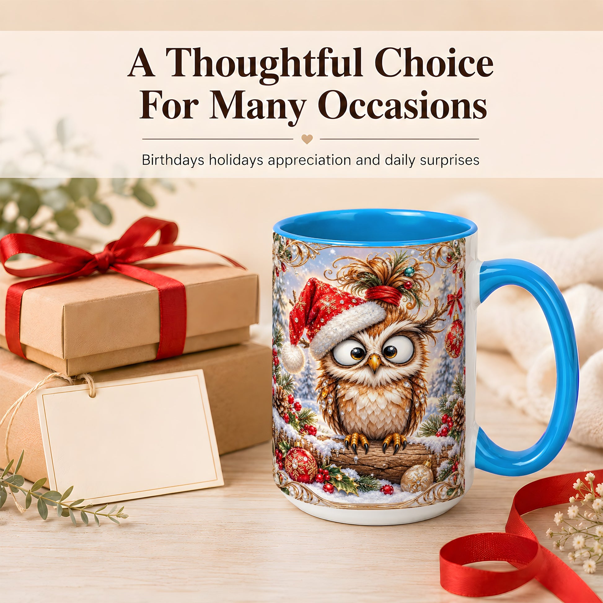 #pl[15oz|Blue] Christmas Owl Coffee Mug, Santa Hat Owl Mug, Ceramic Cup