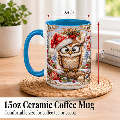#pl[15oz|Blue] Christmas Owl Coffee Mug, Santa Hat Owl Mug, Ceramic Cup