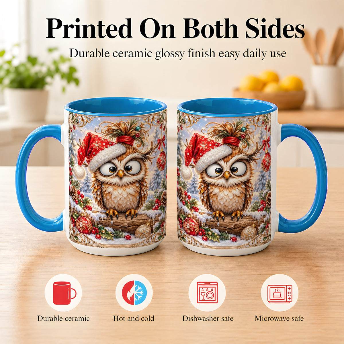 #pl[15oz|Blue] Christmas Owl Coffee Mug, Santa Hat Owl Mug, Ceramic Cup