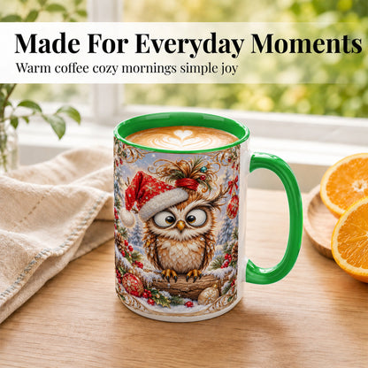 #pl[15oz|Green] Christmas Owl Coffee Mug, Santa Hat Owl Mug, Ceramic Cup