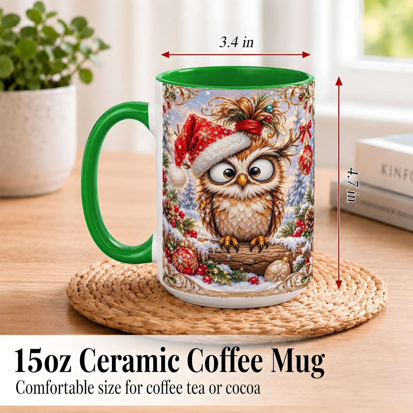 #pl[15oz|Green] Christmas Owl Coffee Mug, Santa Hat Owl Mug, Ceramic Cup
