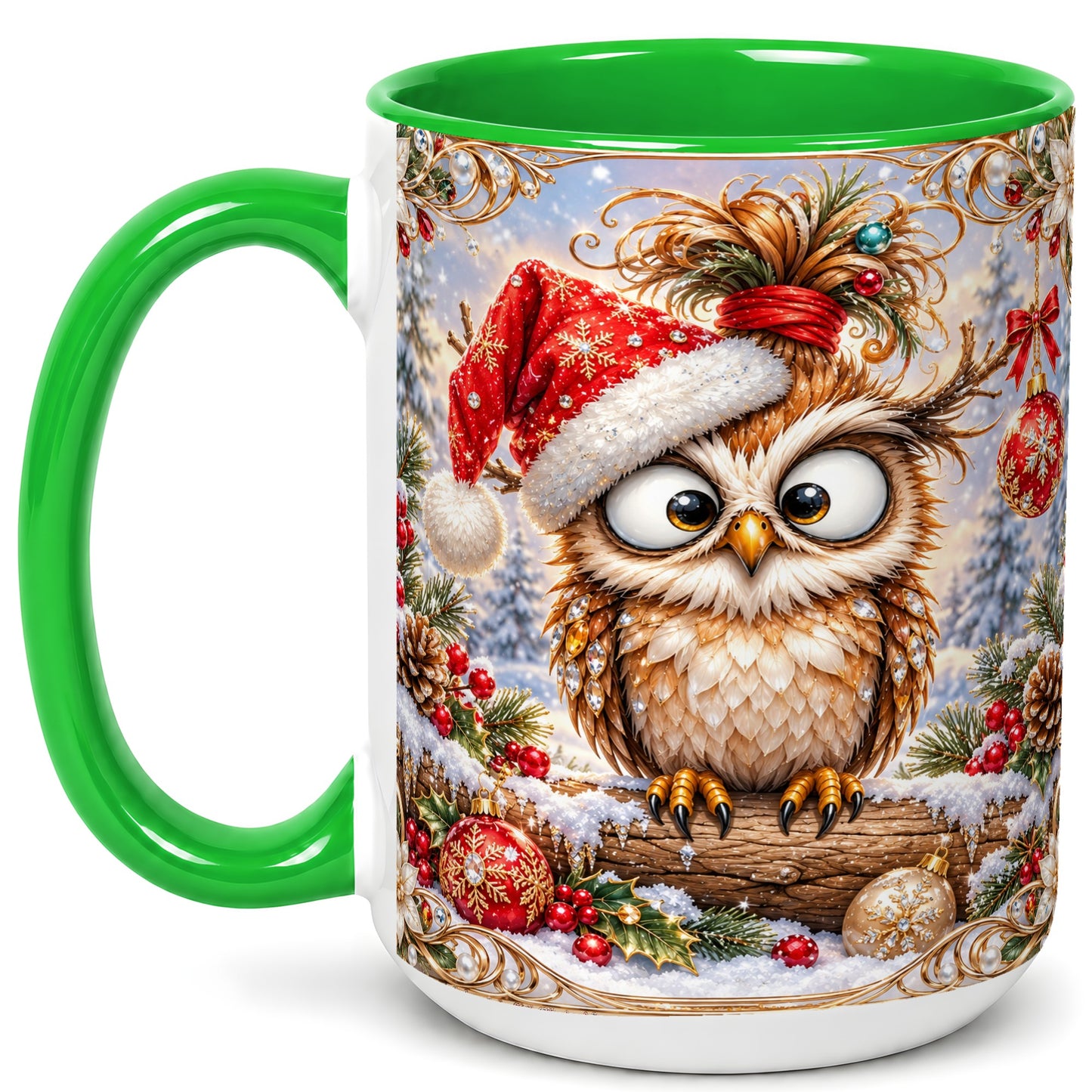 #pl[15oz|Green] Christmas Owl Coffee Mug, Santa Hat Owl Mug, Ceramic Cup