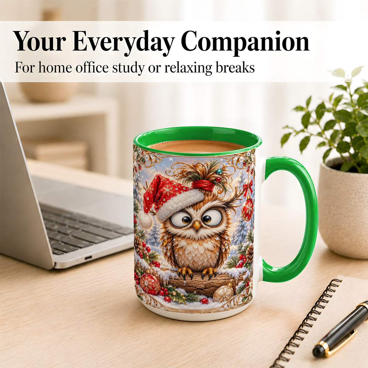 #pl[15oz|Green] Christmas Owl Coffee Mug, Santa Hat Owl Mug, Ceramic Cup