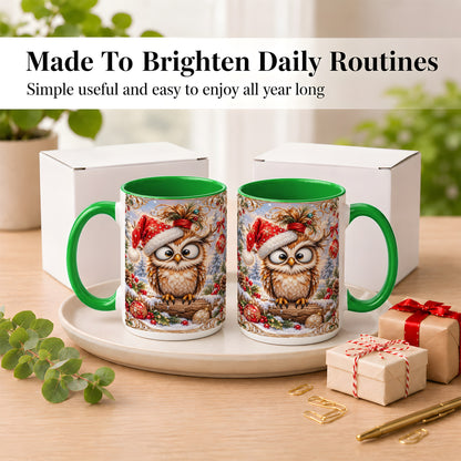#pl[15oz|Green] Christmas Owl Coffee Mug, Santa Hat Owl Mug, Ceramic Cup
