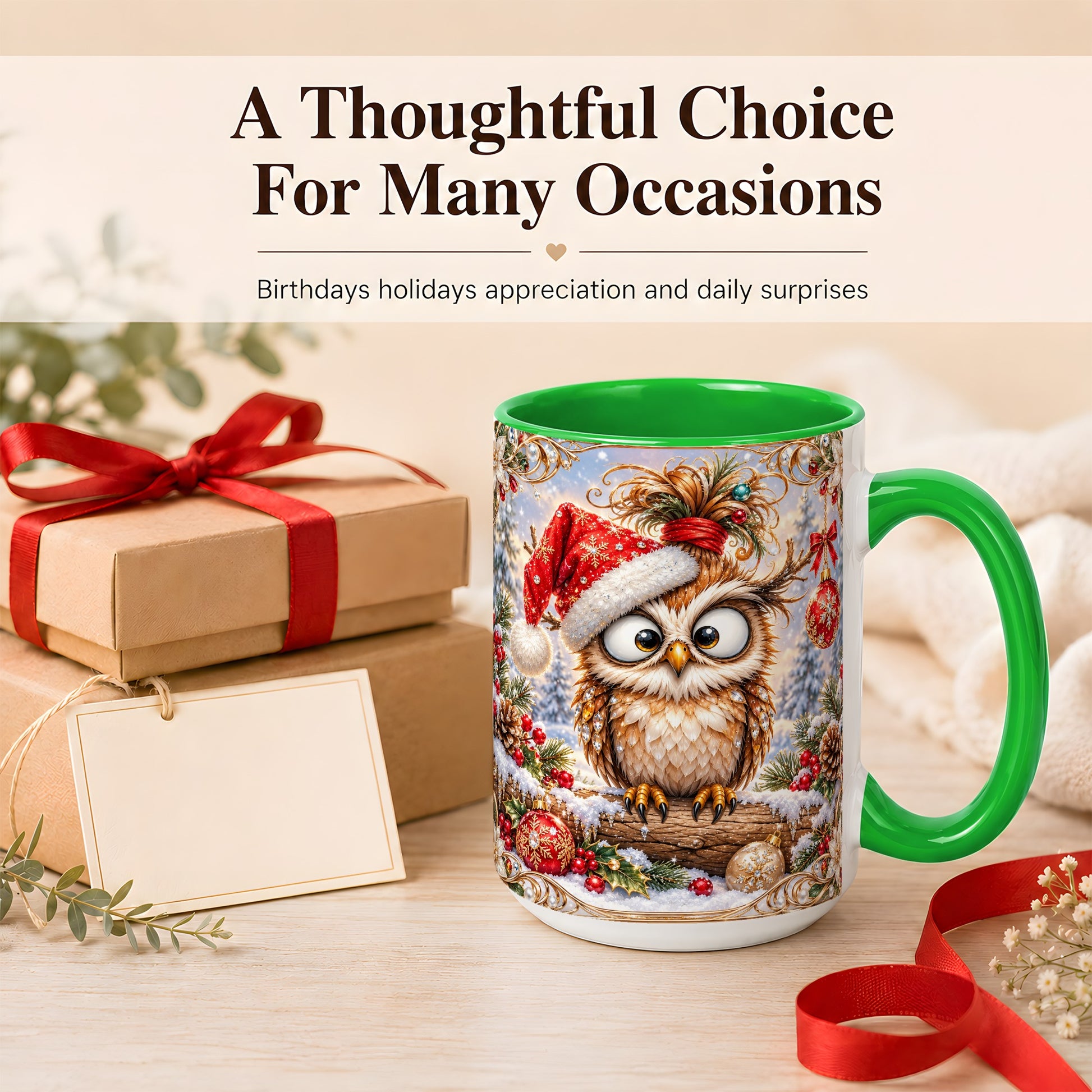 #pl[15oz|Green] Christmas Owl Coffee Mug, Santa Hat Owl Mug, Ceramic Cup