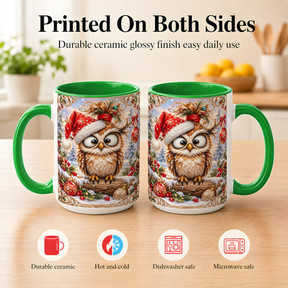 #pl[15oz|Green] Christmas Owl Coffee Mug, Santa Hat Owl Mug, Ceramic Cup