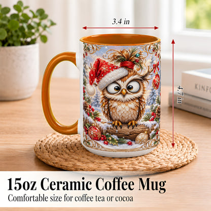 #pl[15oz|Orange] Christmas Owl Coffee Mug, Santa Hat Owl Mug, Ceramic Cup