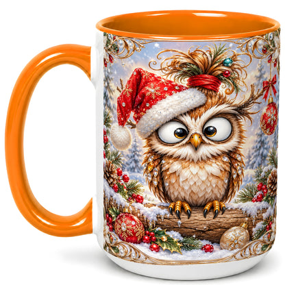 #pl[15oz|Orange] Christmas Owl Coffee Mug, Santa Hat Owl Mug, Ceramic Cup