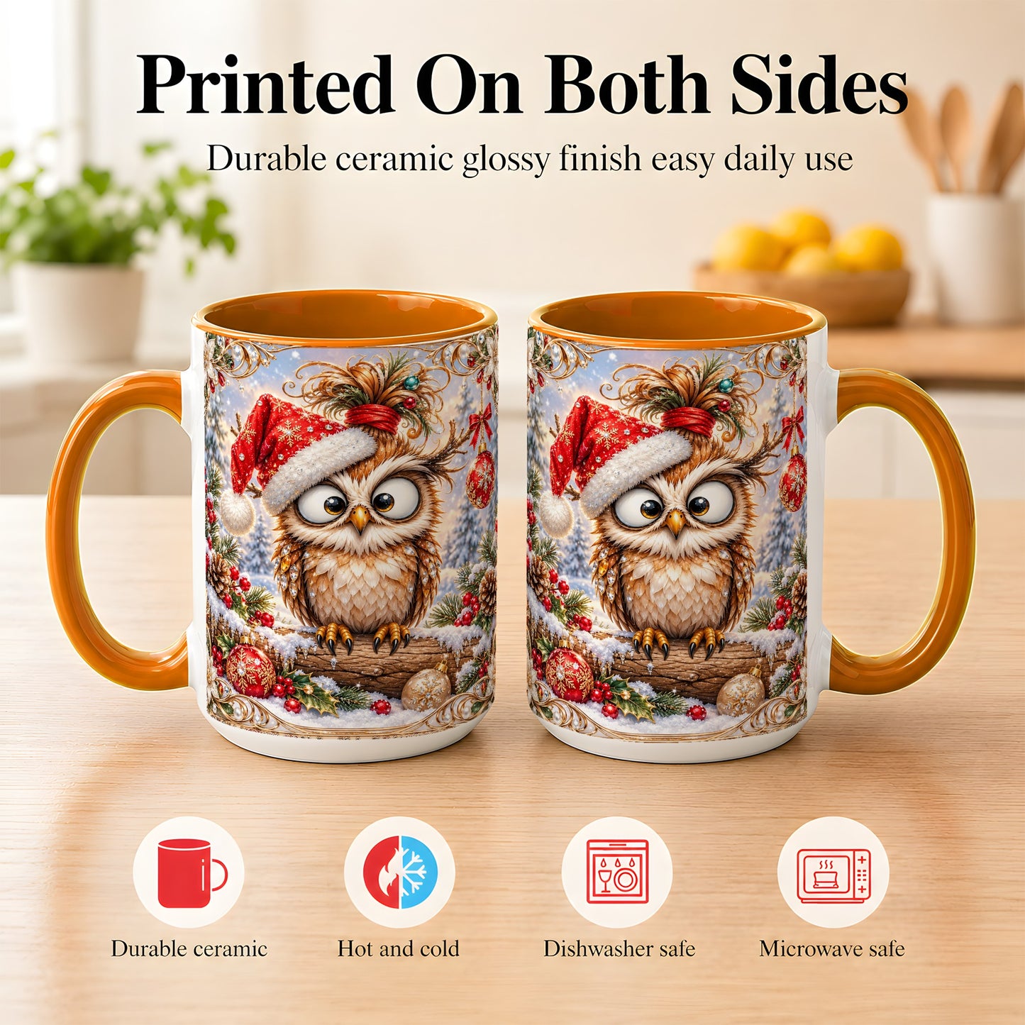 #pl[15oz|Orange] Christmas Owl Coffee Mug, Santa Hat Owl Mug, Ceramic Cup