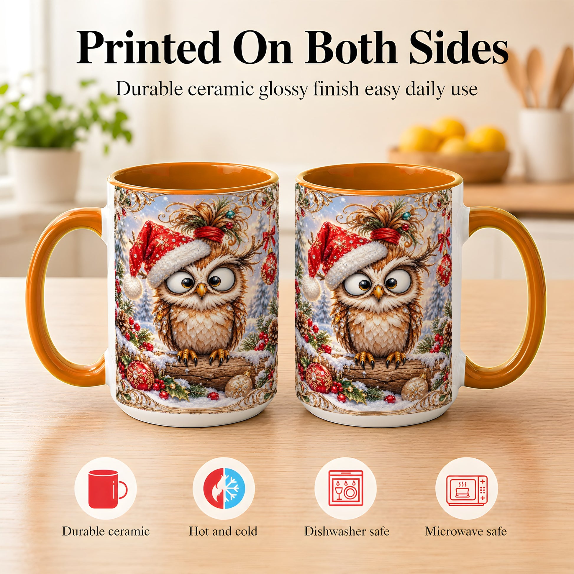 #pl[15oz|Orange] Christmas Owl Coffee Mug, Santa Hat Owl Mug, Ceramic Cup