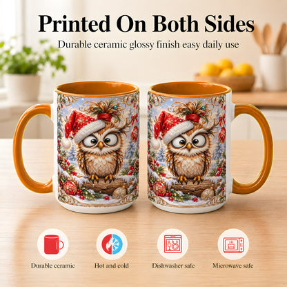 #pl[15oz|Orange] Christmas Owl Coffee Mug, Santa Hat Owl Mug, Ceramic Cup