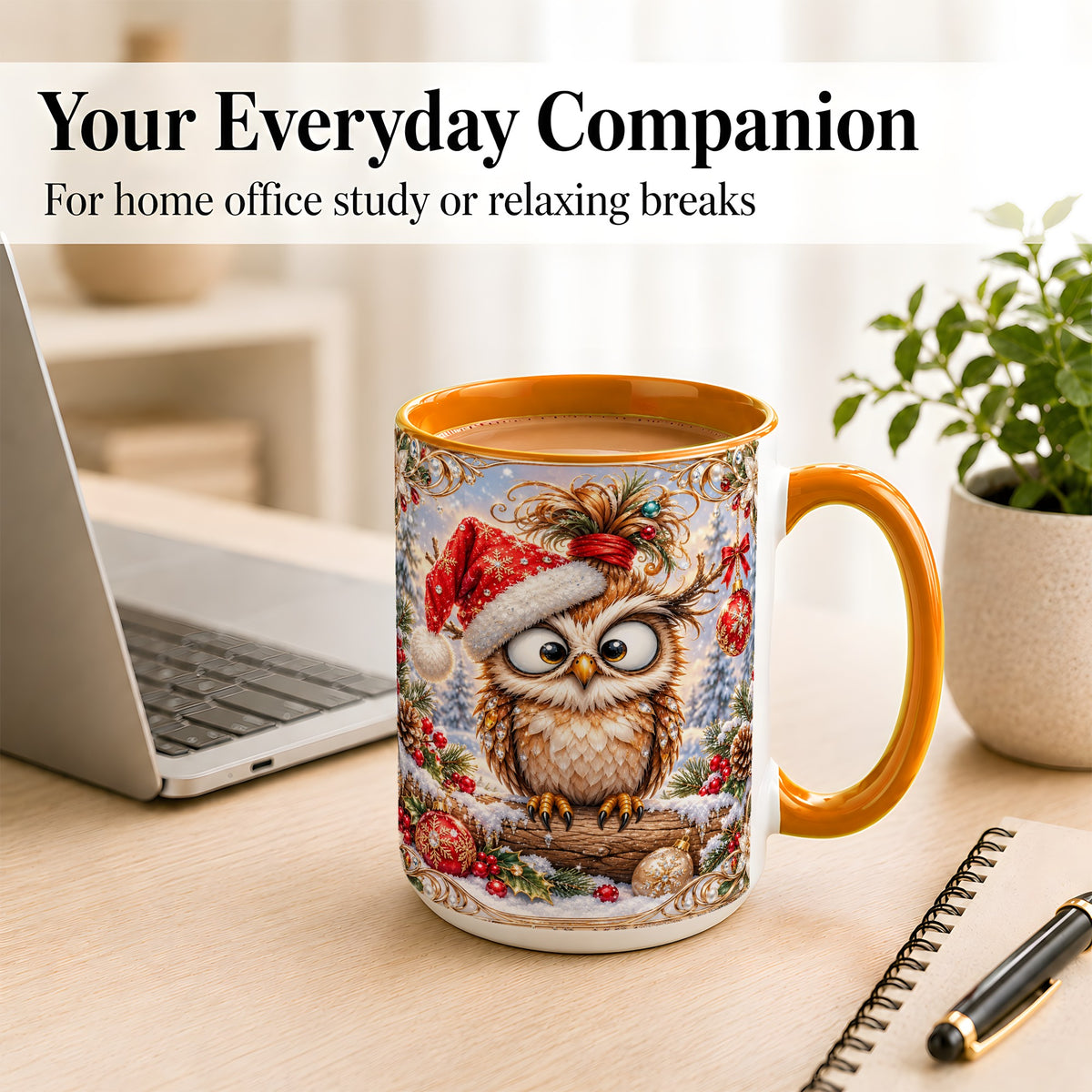#pl[15oz|Orange] Christmas Owl Coffee Mug, Santa Hat Owl Mug, Ceramic Cup