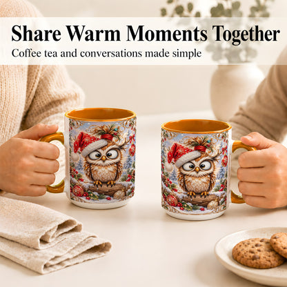 #pl[15oz|Orange] Christmas Owl Coffee Mug, Santa Hat Owl Mug, Ceramic Cup