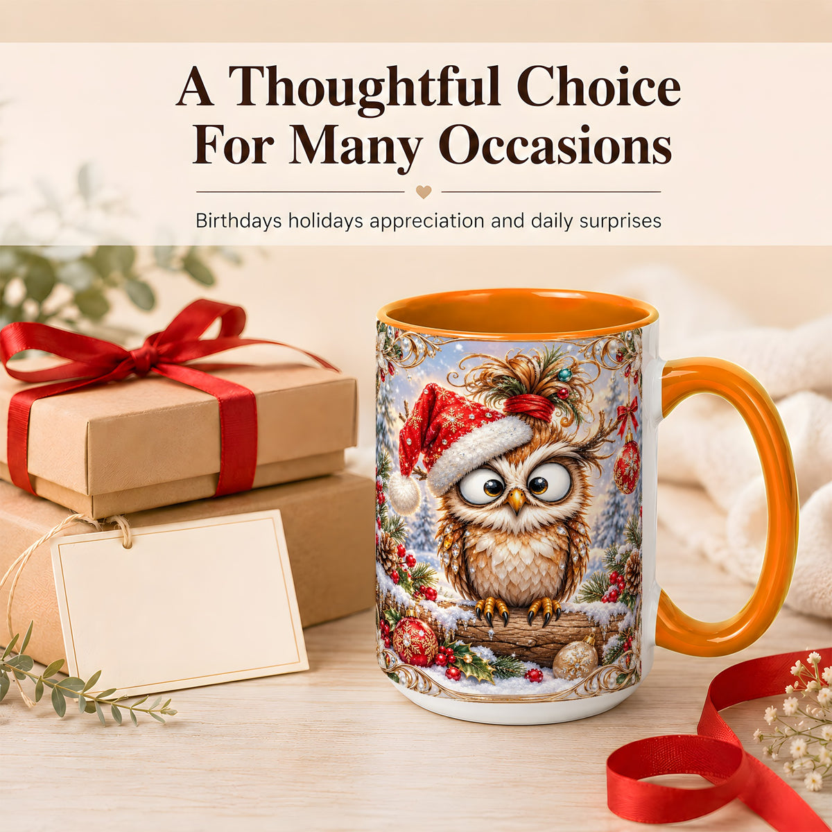 #pl[15oz|Orange] Christmas Owl Coffee Mug, Santa Hat Owl Mug, Ceramic Cup