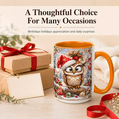#pl[15oz|Orange] Christmas Owl Coffee Mug, Santa Hat Owl Mug, Ceramic Cup