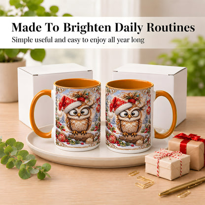 #pl[15oz|Orange] Christmas Owl Coffee Mug, Santa Hat Owl Mug, Ceramic Cup
