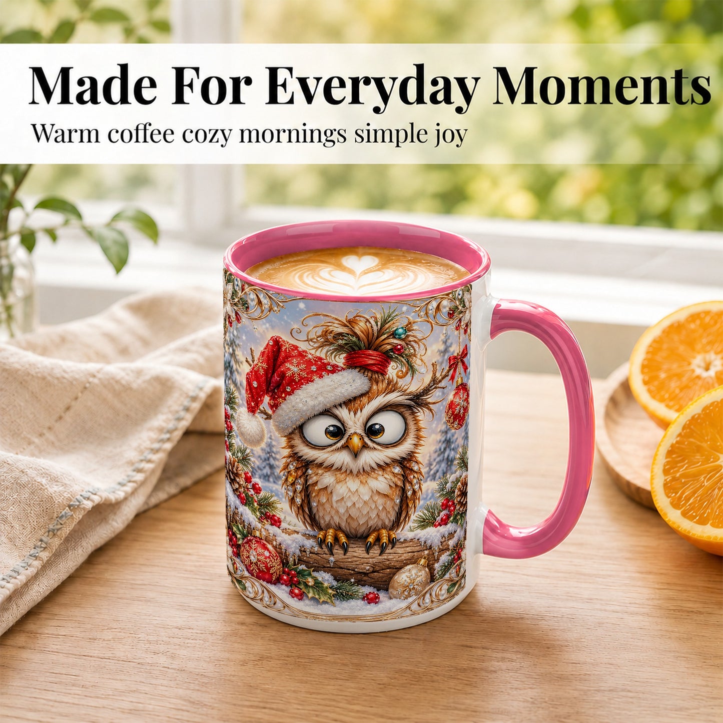 #pl[15oz|Pink] Christmas Owl Coffee Mug, Santa Hat Owl Mug, Ceramic Cup
