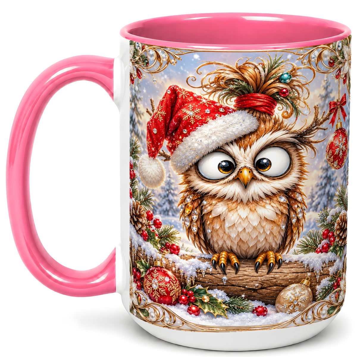 #pl[15oz|Pink] Christmas Owl Coffee Mug, Santa Hat Owl Mug, Ceramic Cup
