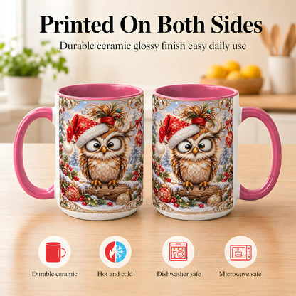 #pl[15oz|Pink] Christmas Owl Coffee Mug, Santa Hat Owl Mug, Ceramic Cup