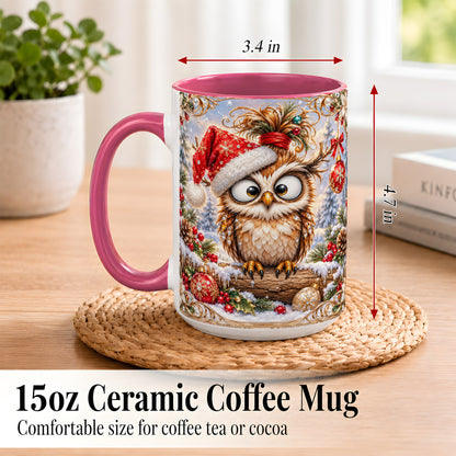 #pl[15oz|Pink] Christmas Owl Coffee Mug, Santa Hat Owl Mug, Ceramic Cup