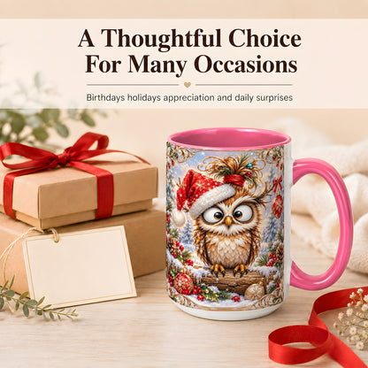#pl[15oz|Pink] Christmas Owl Coffee Mug, Santa Hat Owl Mug, Ceramic Cup