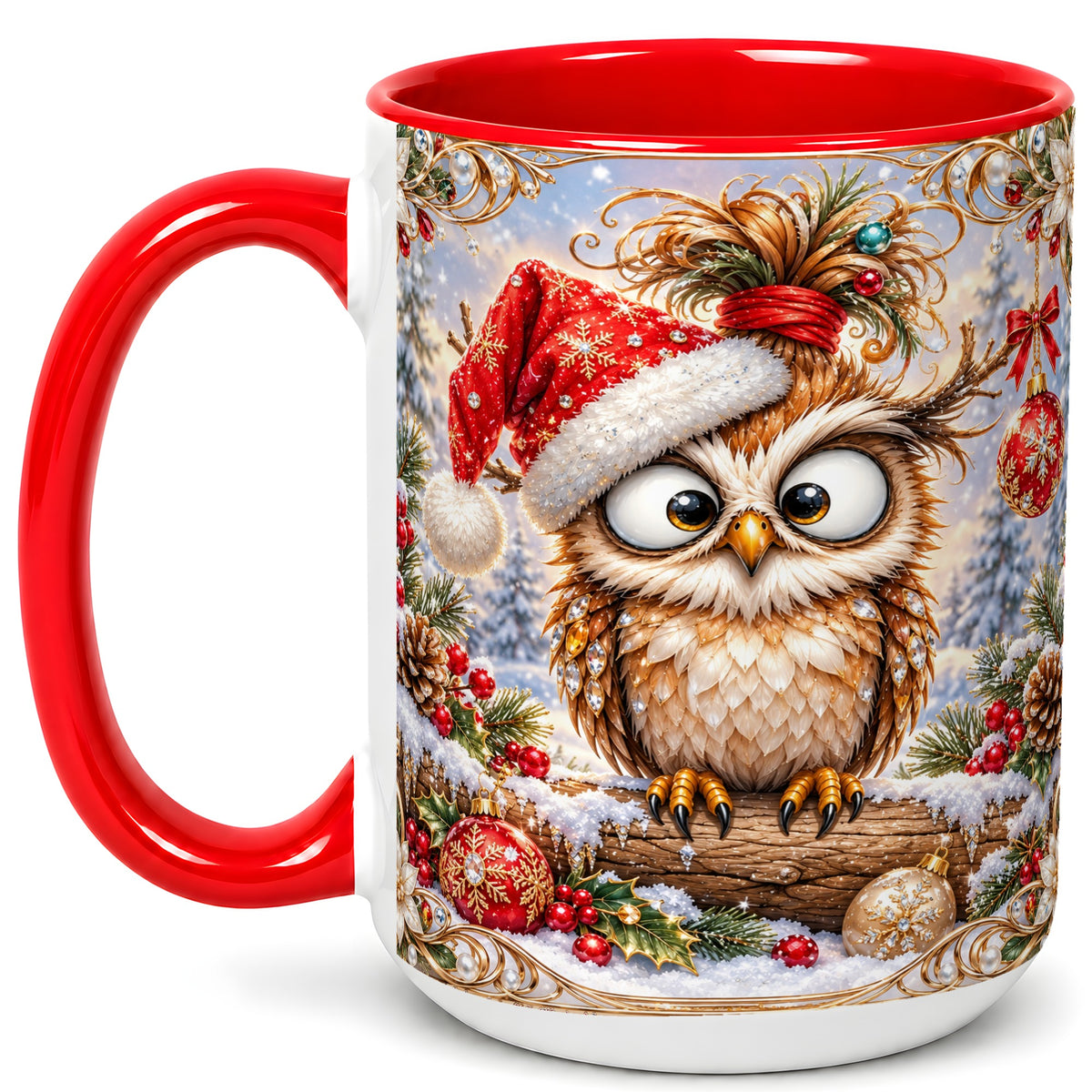 #pl[15oz|Red] Christmas Owl Coffee Mug, Santa Hat Owl Mug, Ceramic Cup
