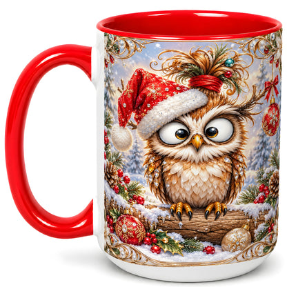 #pl[15oz|Red] Christmas Owl Coffee Mug, Santa Hat Owl Mug, Ceramic Cup