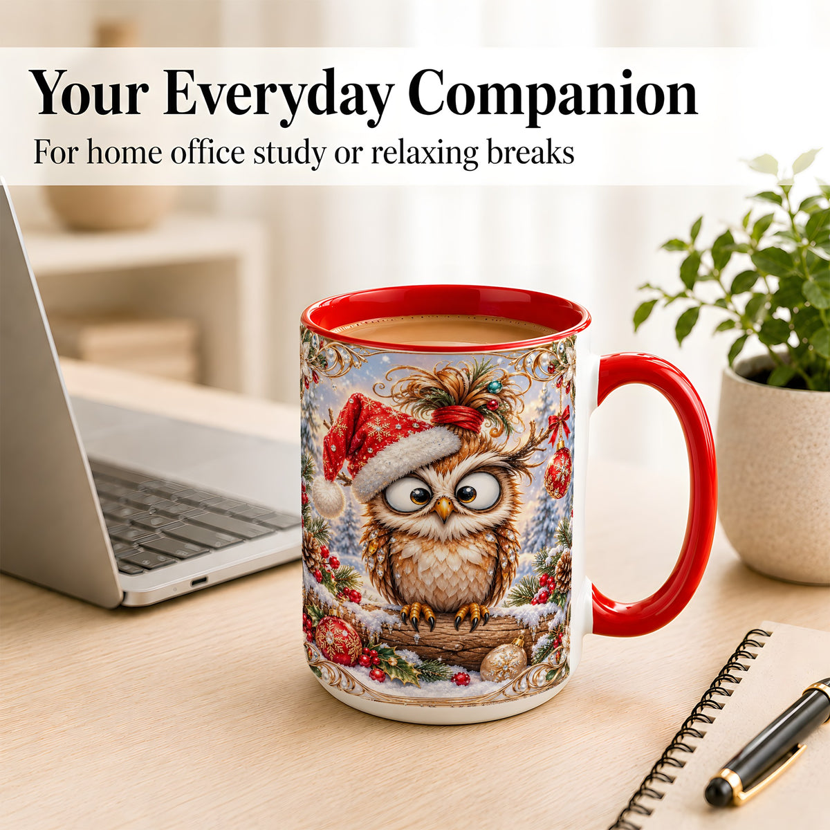 #pl[15oz|Red] Christmas Owl Coffee Mug, Santa Hat Owl Mug, Ceramic Cup