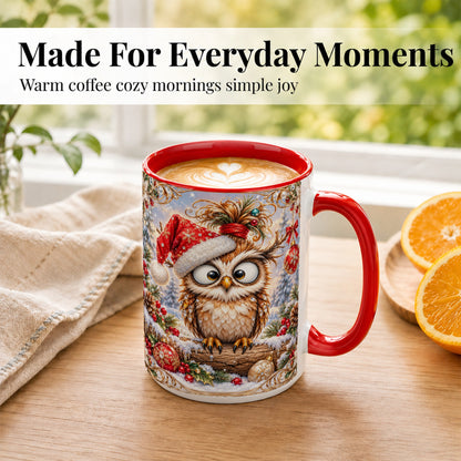 #pl[15oz|Red] Christmas Owl Coffee Mug, Santa Hat Owl Mug, Ceramic Cup
