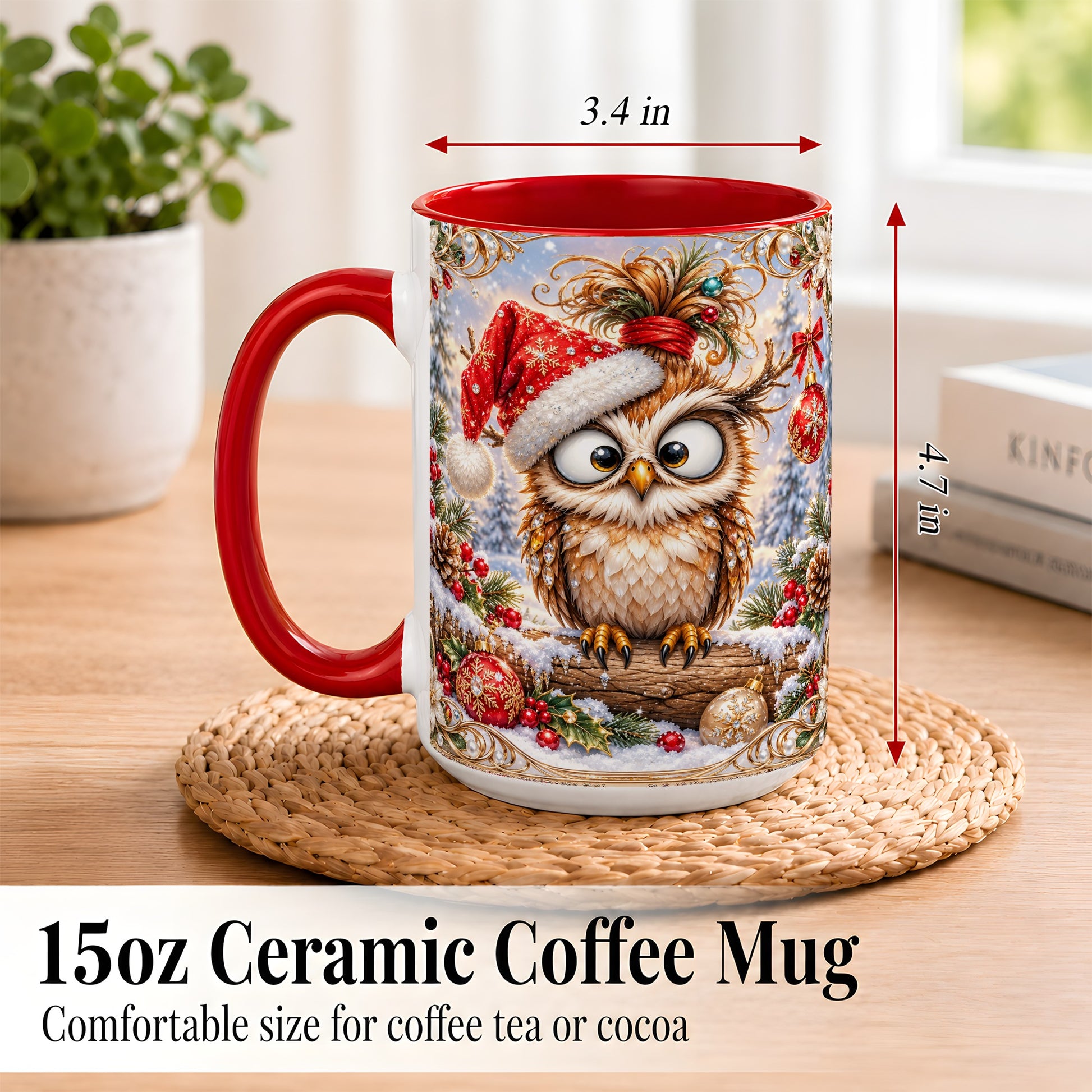 #pl[15oz|Red] Christmas Owl Coffee Mug, Santa Hat Owl Mug, Ceramic Cup
