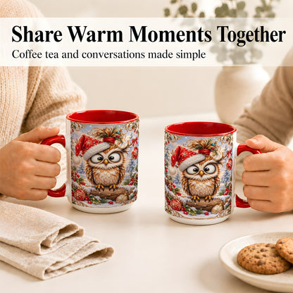 #pl[15oz|Red] Christmas Owl Coffee Mug, Santa Hat Owl Mug, Ceramic Cup