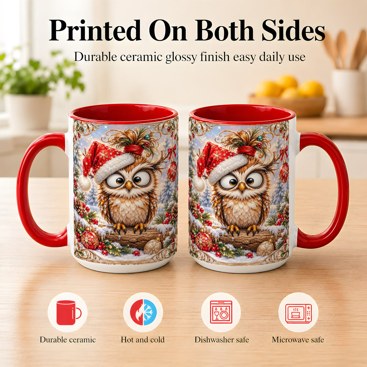 #pl[15oz|Red] Christmas Owl Coffee Mug, Santa Hat Owl Mug, Ceramic Cup