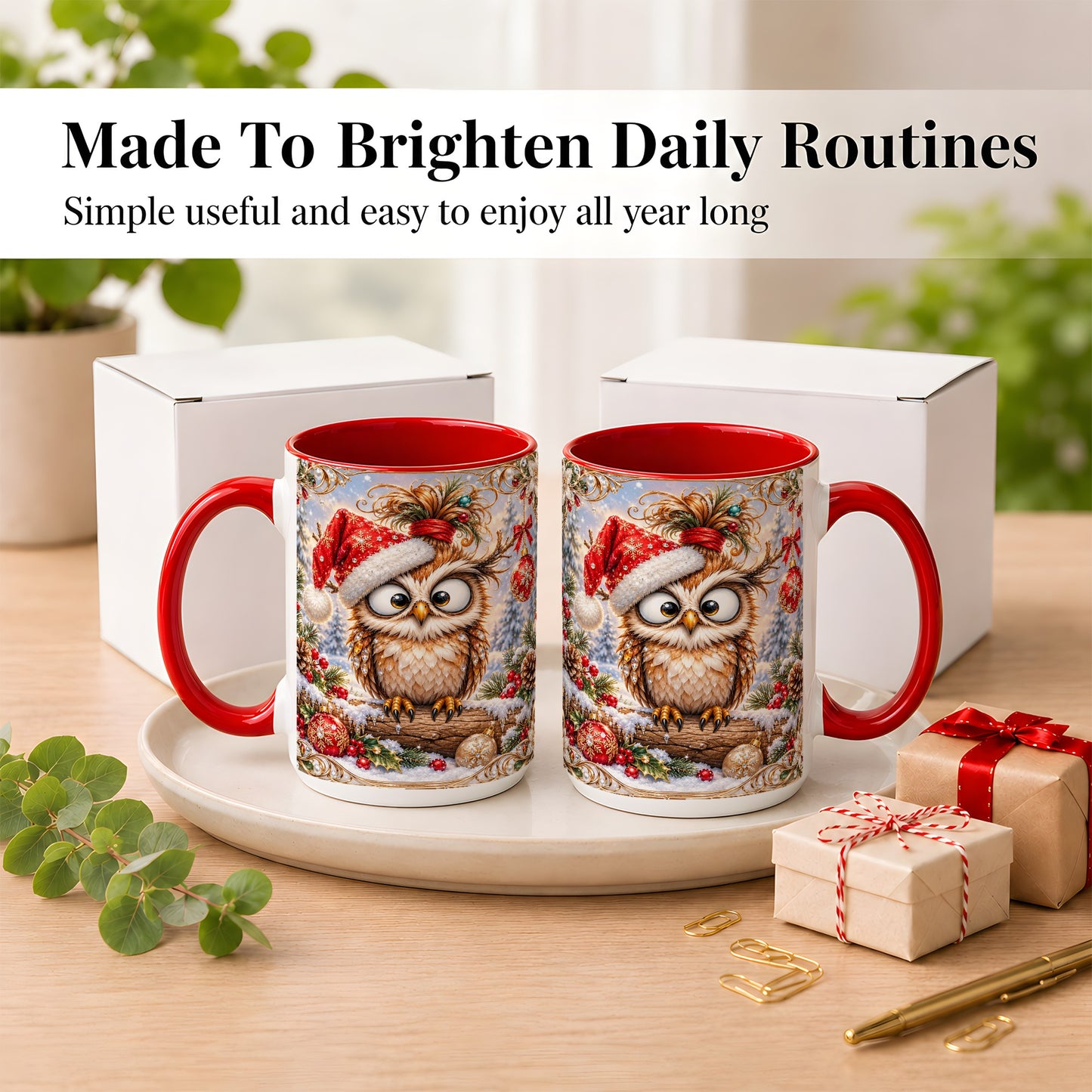 #pl[15oz|Red] Christmas Owl Coffee Mug, Santa Hat Owl Mug, Ceramic Cup