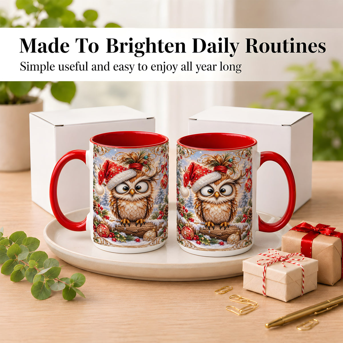 #pl[15oz|Red] Christmas Owl Coffee Mug, Santa Hat Owl Mug, Ceramic Cup