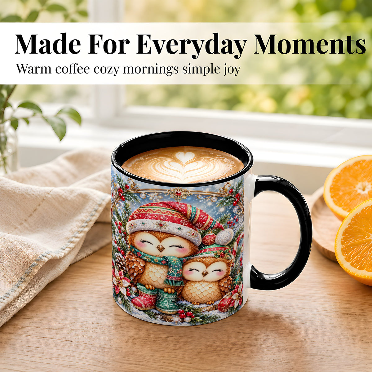 #pl[11oz|Black] Christmas Owl Pair Coffee Mug, Festive Owl Mug, Ceramic Cup