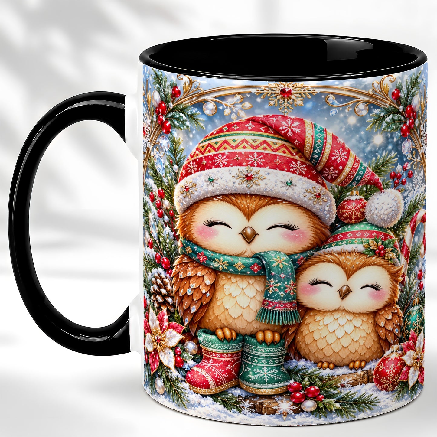 #pl[11oz|Black] Christmas Owl Pair Coffee Mug, Festive Owl Mug, Ceramic Cup