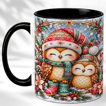 #pl[11oz|Black] Christmas Owl Pair Coffee Mug, Festive Owl Mug, Ceramic Cup
